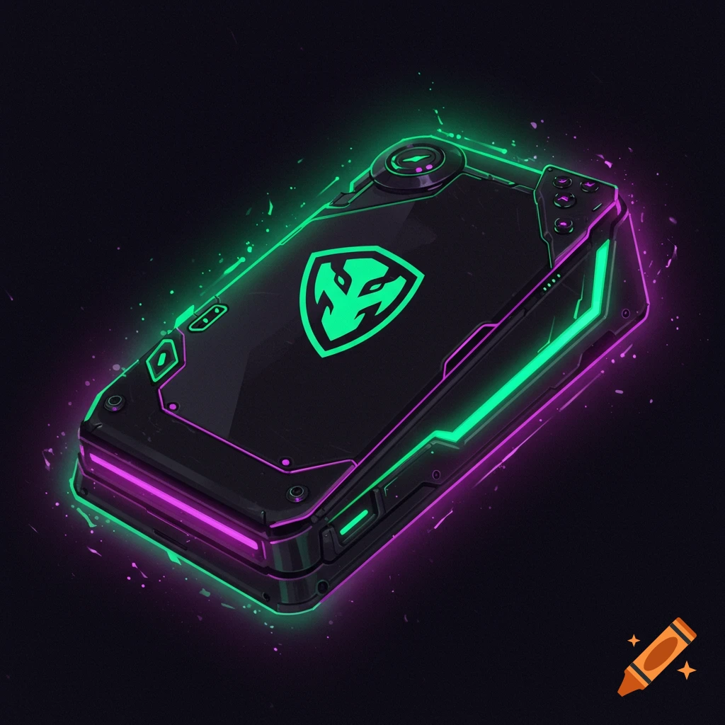 A stylized black device with glowing green and purple neon lights and a green logo, digital art style.