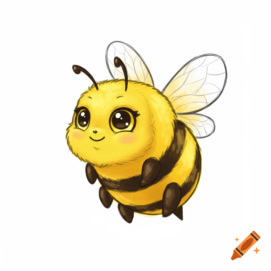 Cute cartoon drawing of a fuzzy yellow and black bumble bee flying.