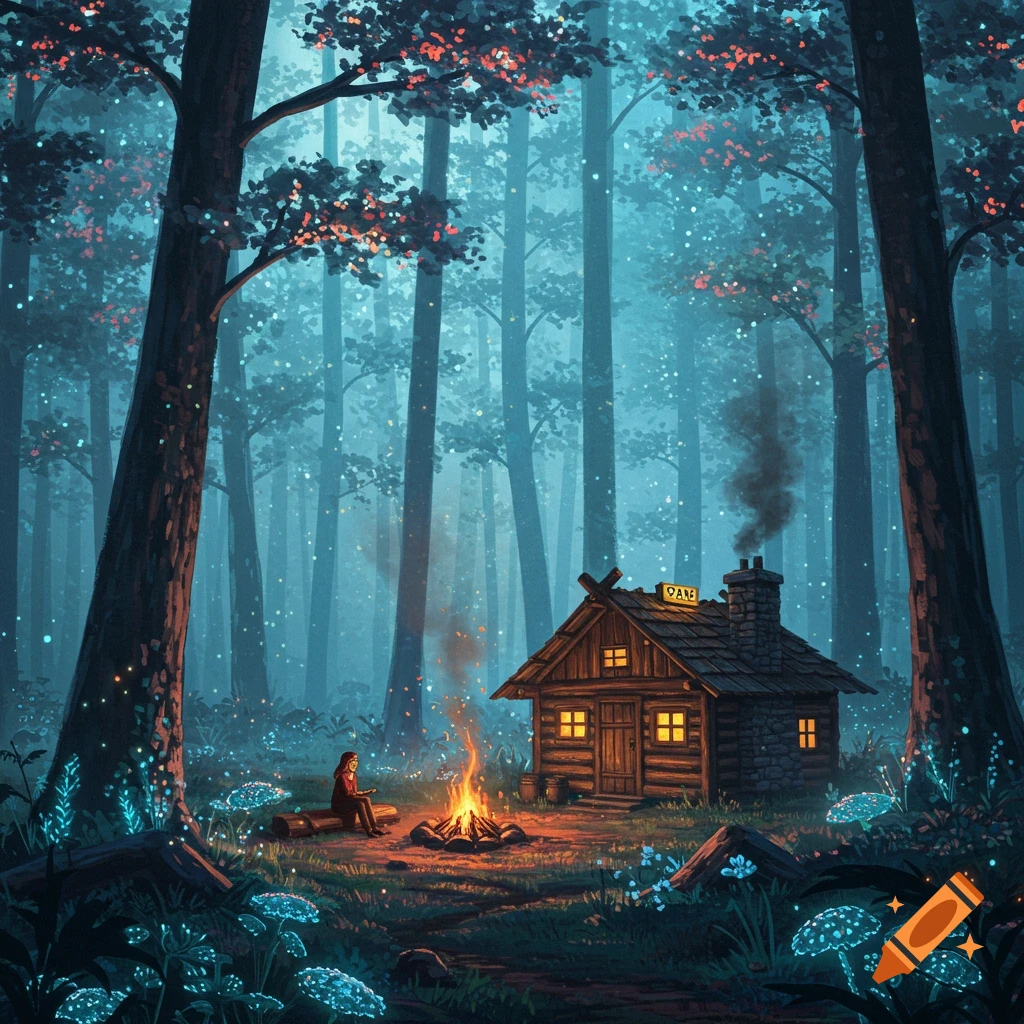 A person is by a campfire outside a cabin in an ethereal forest at night.