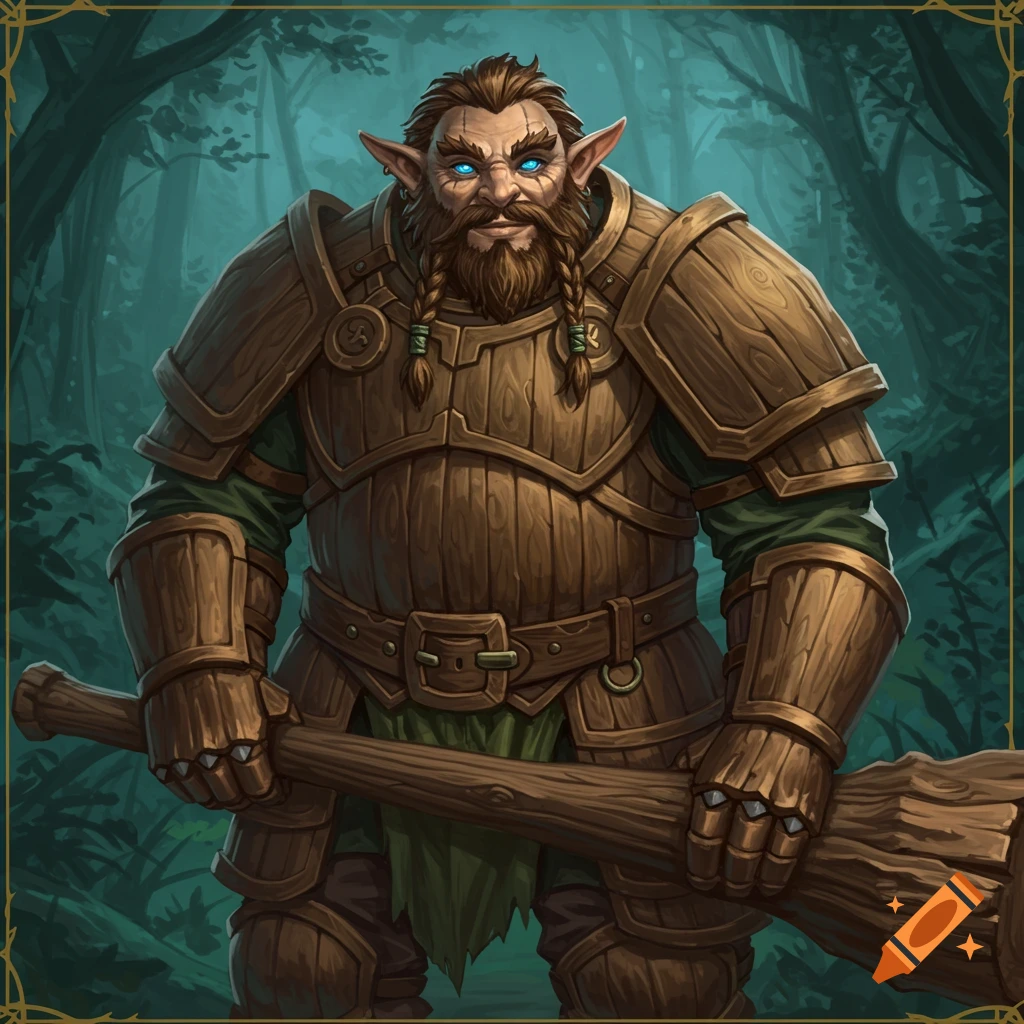 A firbolg character wearing wooden plate armor holds a large wooden club.
