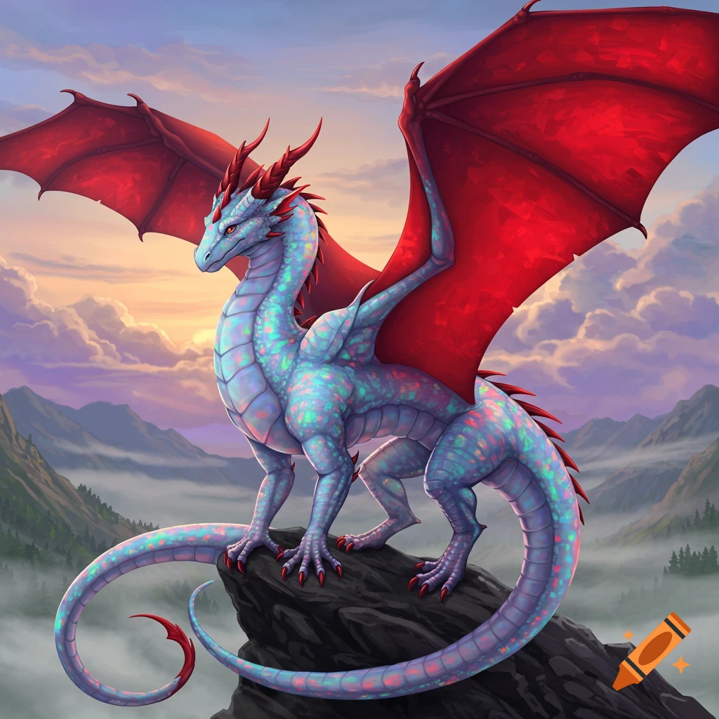 An opal dragon with ruby wings perched on a rock overlooking mountains at sunset.