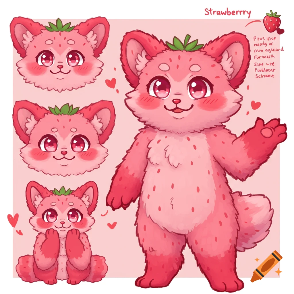 Reference sheet of a cute pink strawberry-themed furry character in anime style.