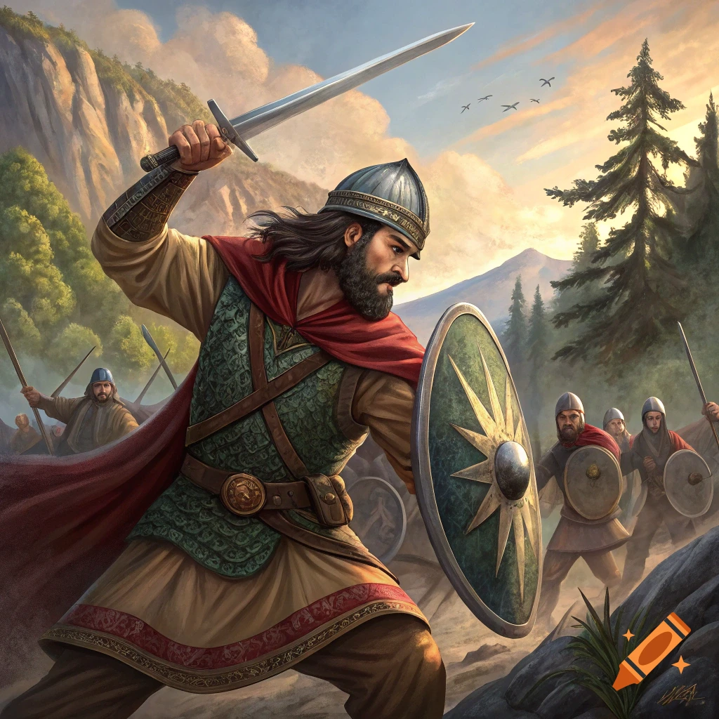 Warrior in historical/fantasy armor raising sword, holding shield in battle scene with other warriors.