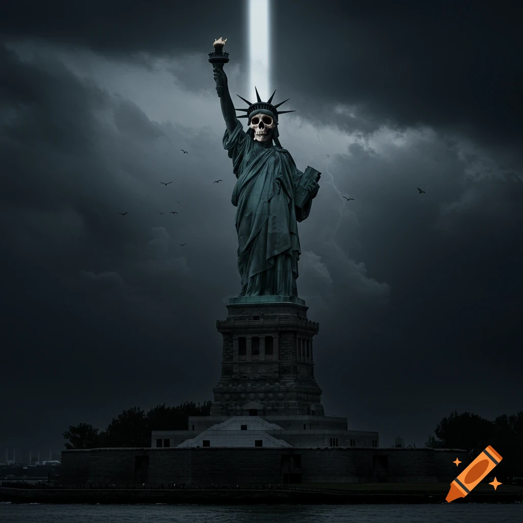 Statue of Liberty with a skull face under dark, stormy skies with lightning and birds.