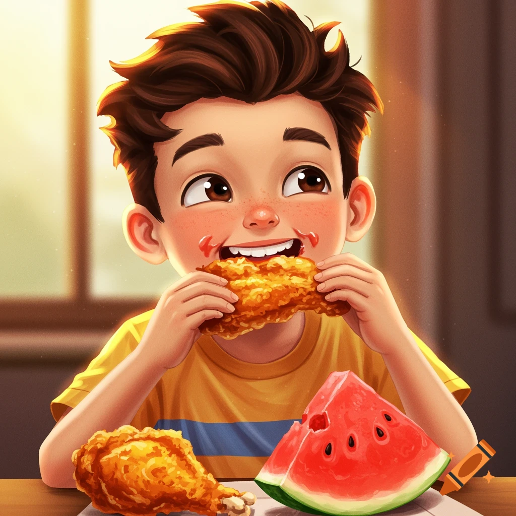 A young boy happily eating fried chicken and watermelon