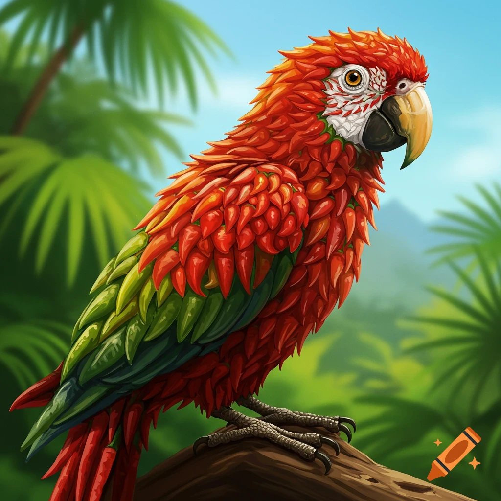 A red and green parrot made of chili peppers perches on a branch in a jungle, digital art.