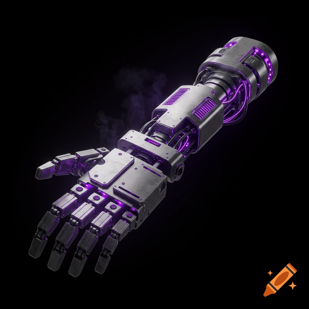 Detailed robotic arm with glowing purple lights against a black background.