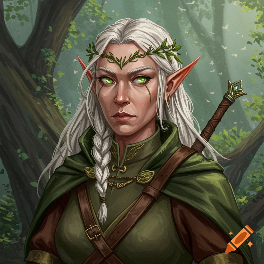 A portrait of an elf woman with white hair, green eyes, and a green cloak in a forest.