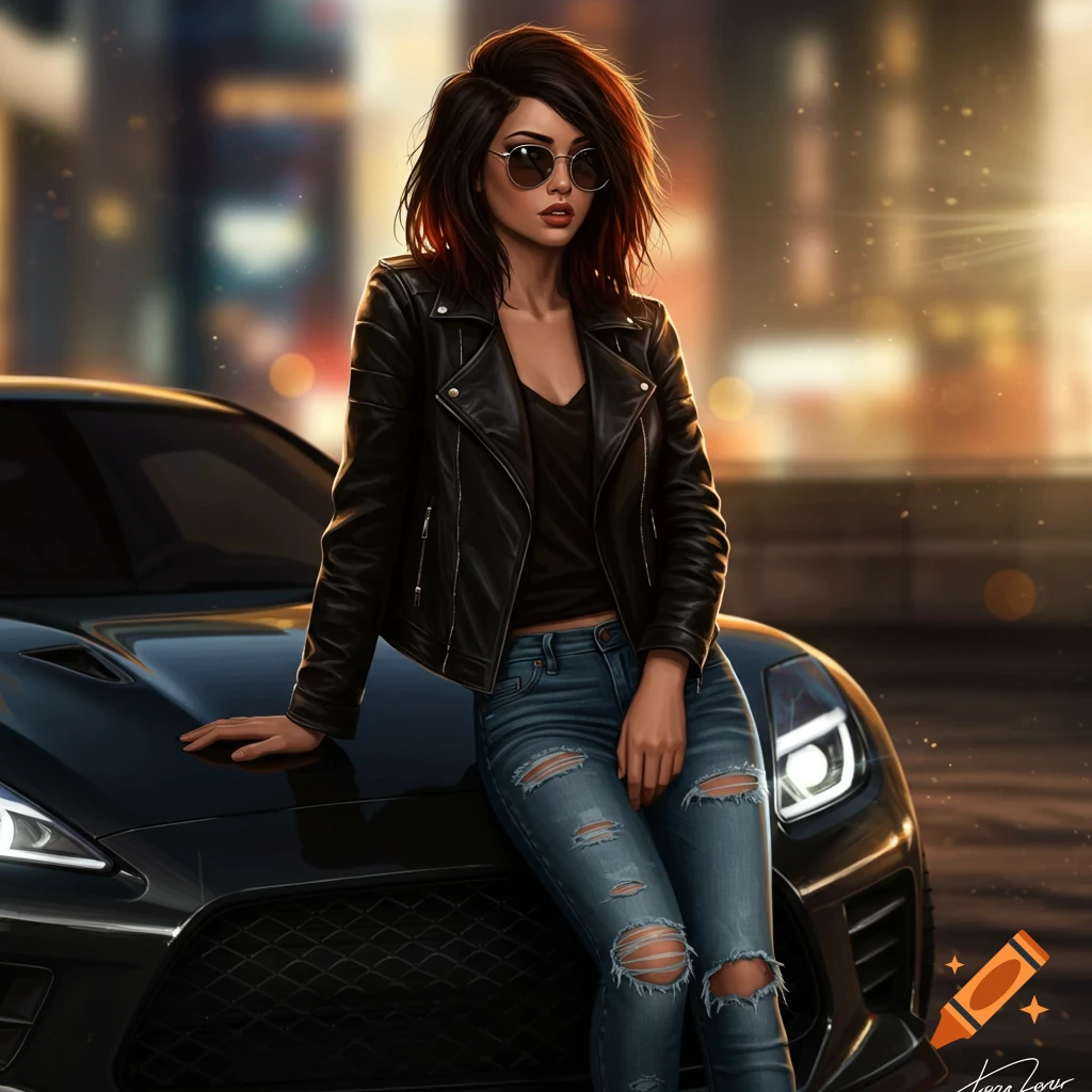 A woman in sunglasses, leather jacket, and ripped jeans leans on a black sports car of an urban night scene.