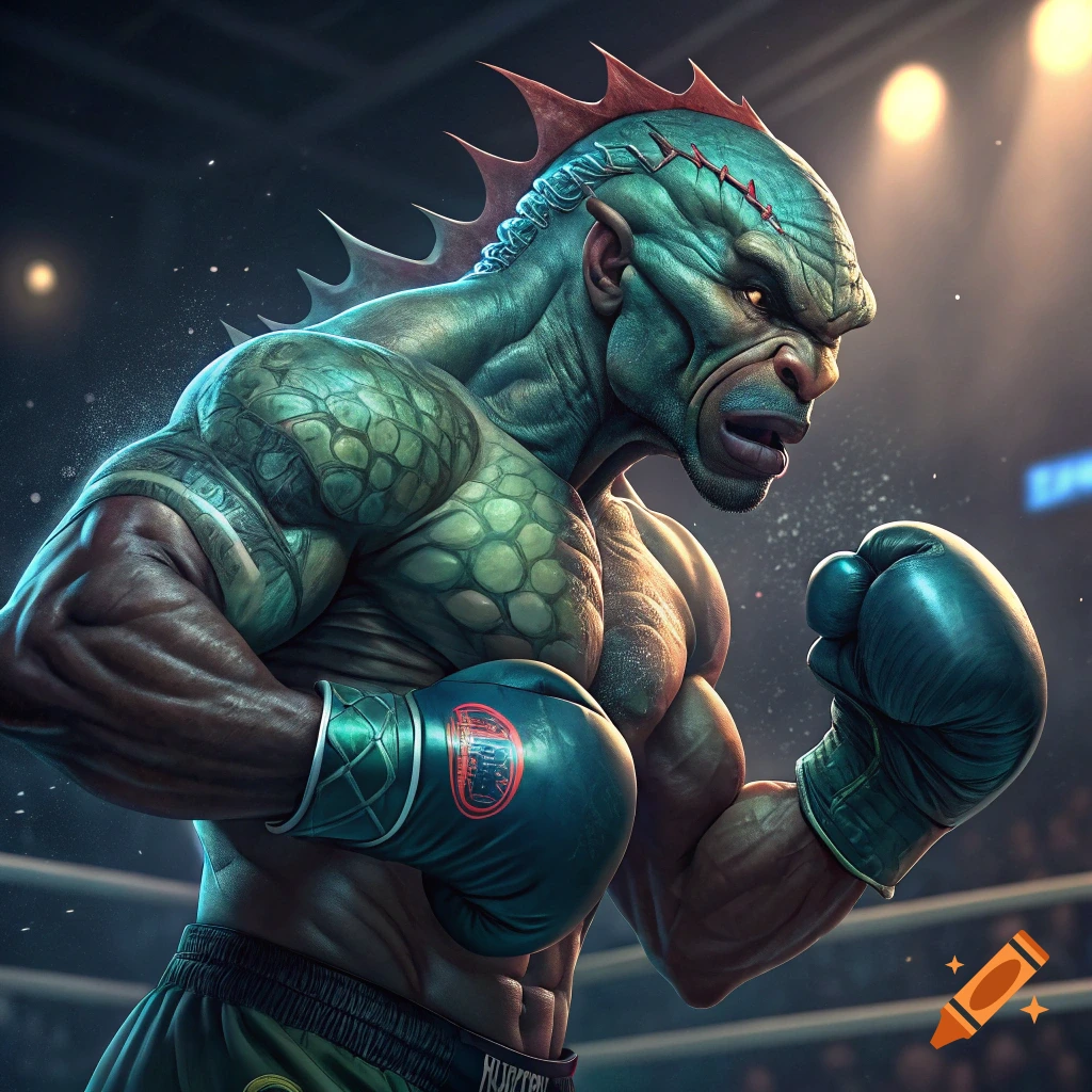 Muscular fish-like creature in boxing ring wearing gloves.