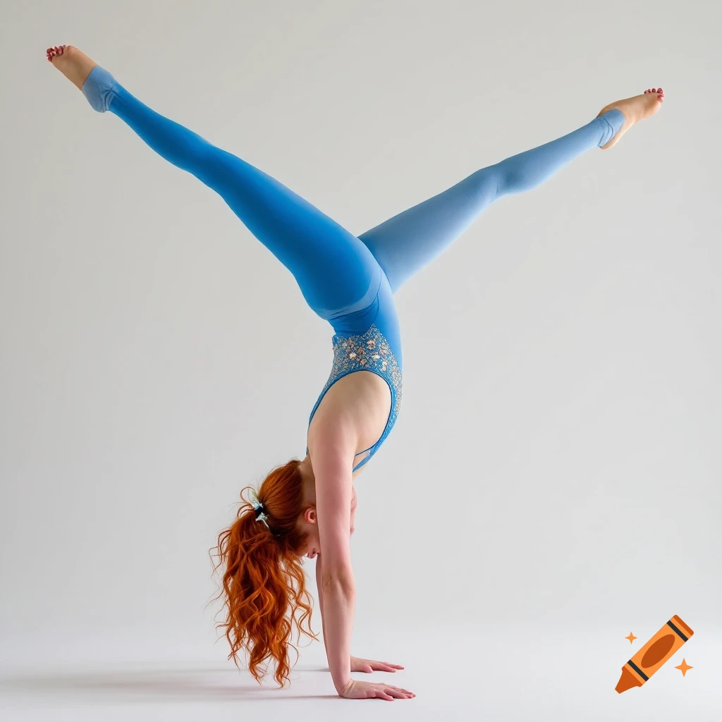 A redhead girl gymnast performs a handstand in a blue leotard against a white background.