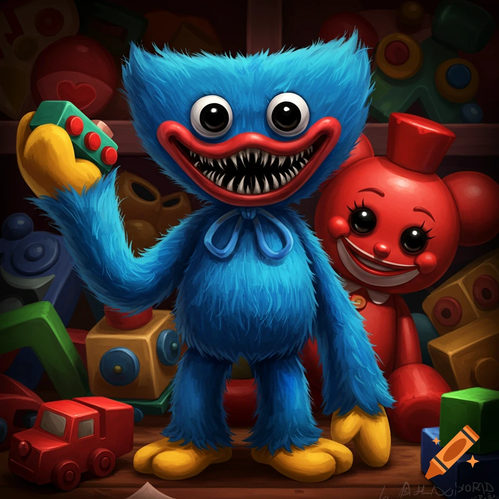 Blue furry character Huggy Wuggy stands among toys.