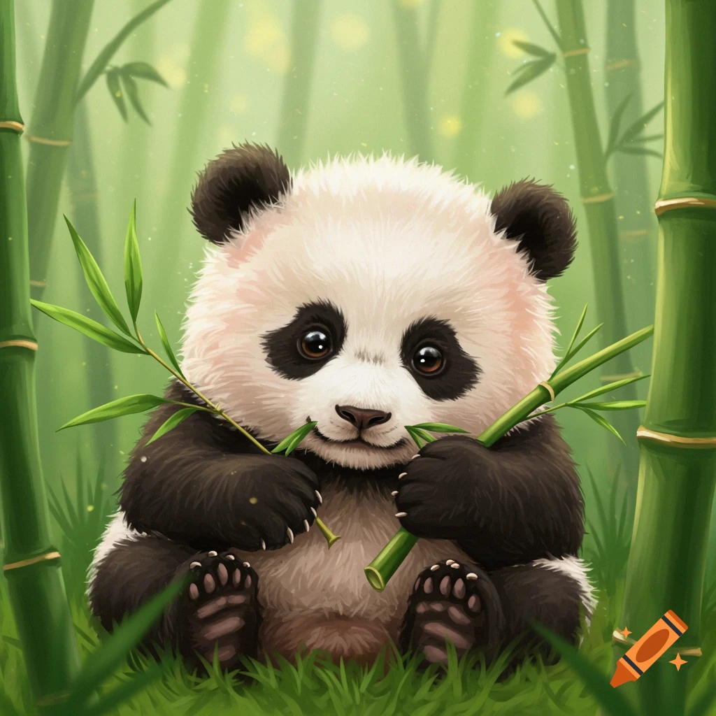 A cute baby panda cub sits in a bamboo forest, eating bamboo stalks.