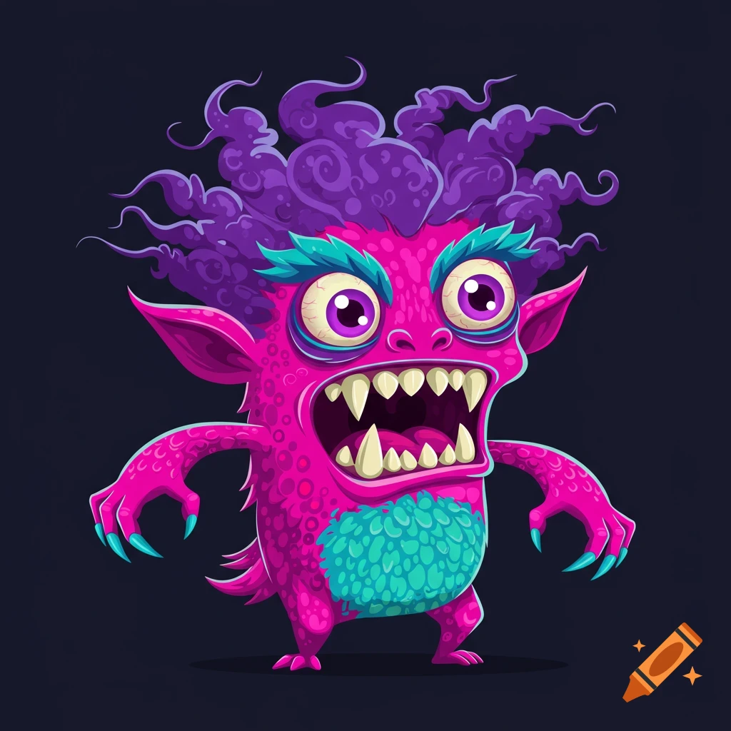 A vibrant pink cartoon monster with purple hair, large eyes, sharp teeth, and blue chest fur in a vector art style.