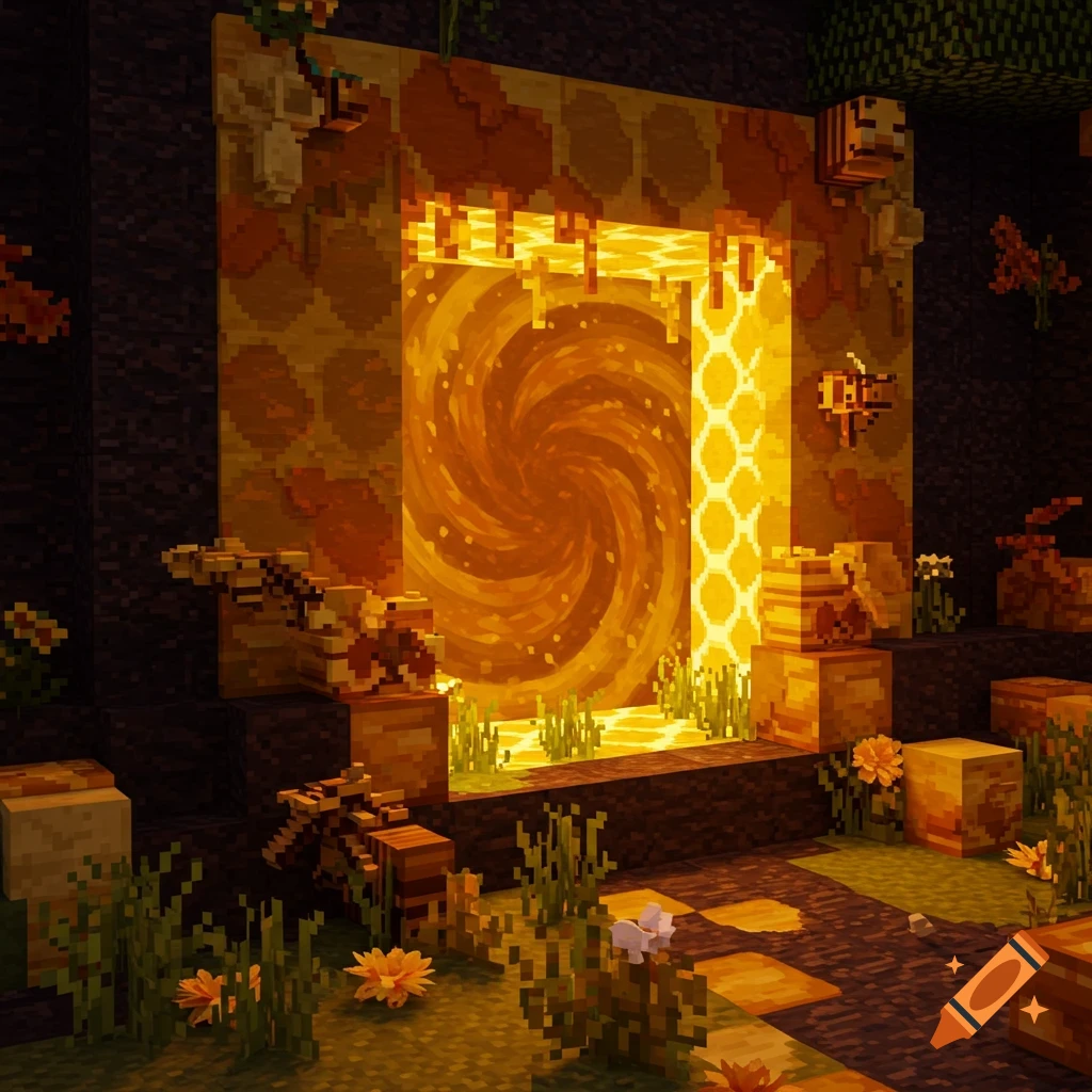 A Minecraft Nether portal styled as a giant honeycomb structure, dripping honey, surrounded by honey blocks and bees in a dark cave.