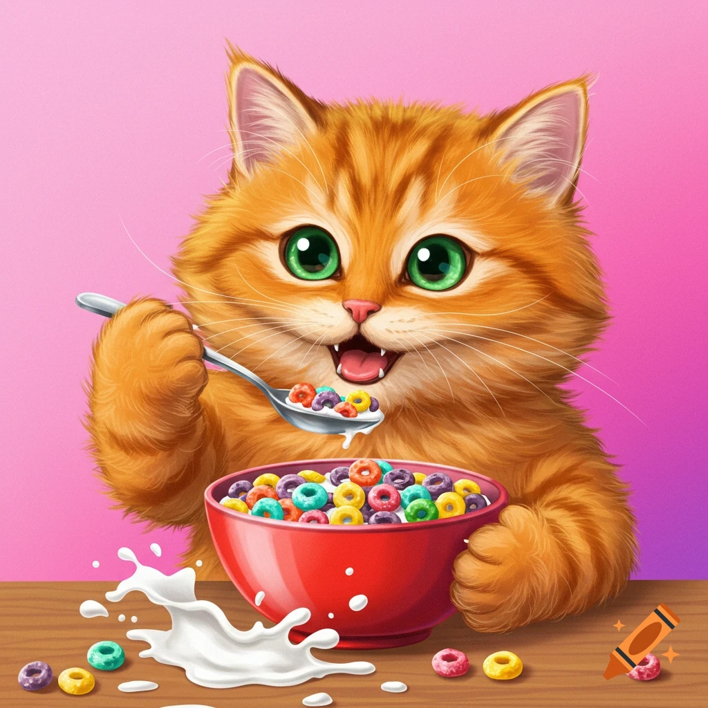 A cute orange cartoon cat happily eats a bowl of colorful cereal with a spoon.