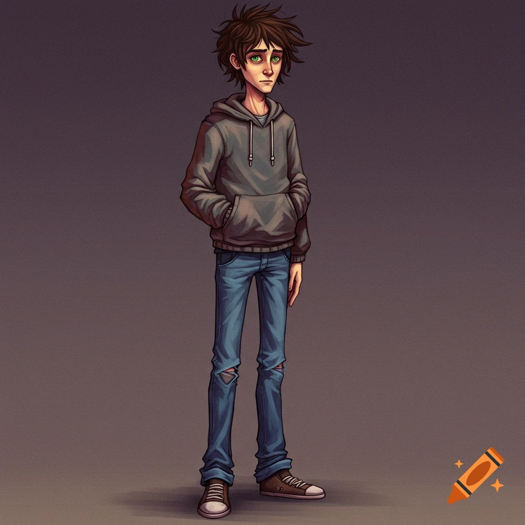 A stylized depiction of a young person with messy brown hair, green eyes, wearing a grey hoodie, ripped jeans, and sneakers, standing.