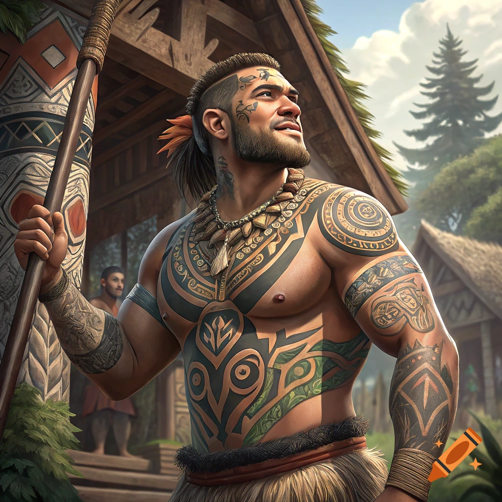 A muscular man with full tribal body tattoos stands holding a spear in a village setting.