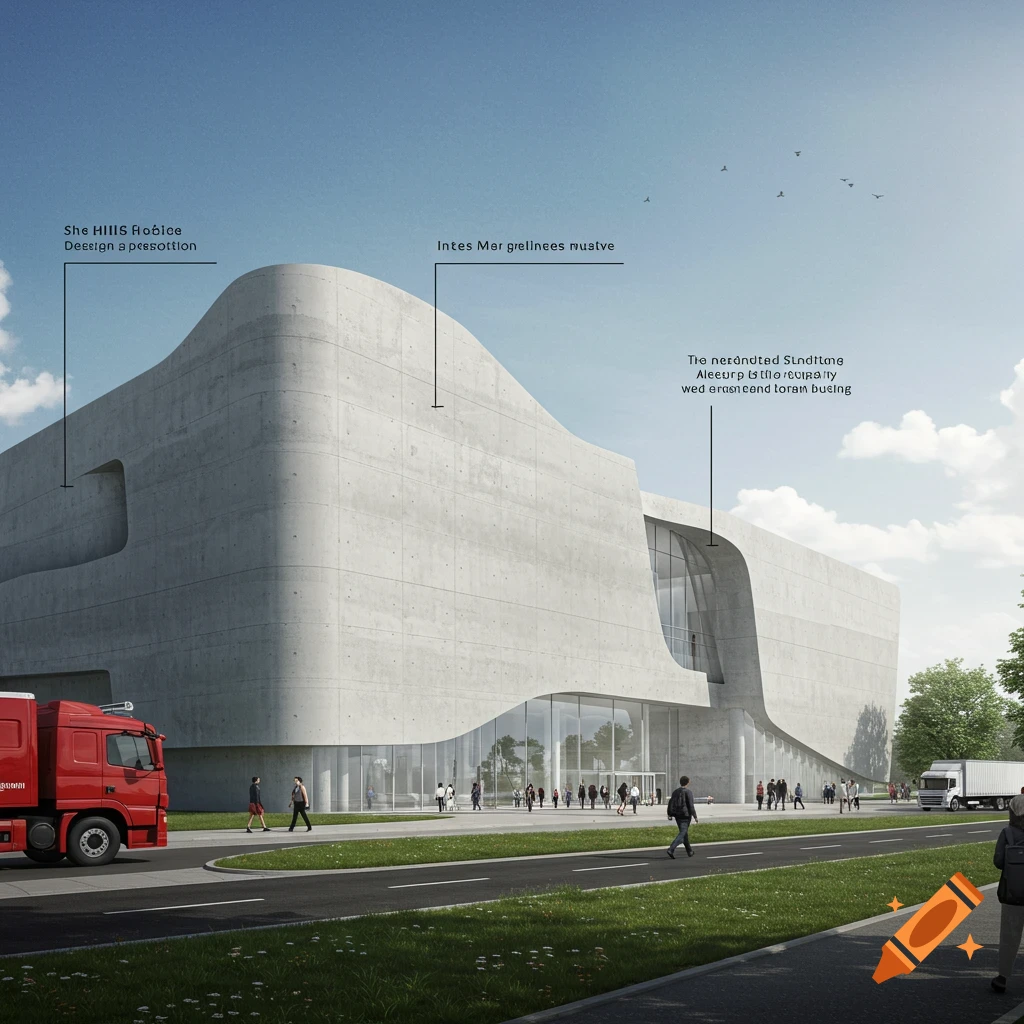 Architectural rendering of a modern concrete building with curved walls and glass windows, with people and trucks outside.