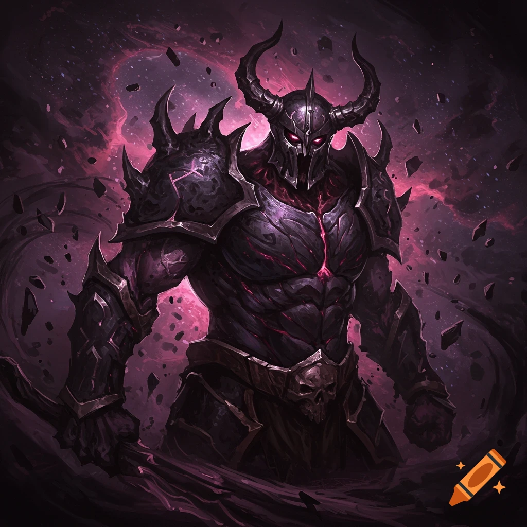 Dark fantasy warrior in spiky black armor with red eyes in a purple cosmic void
