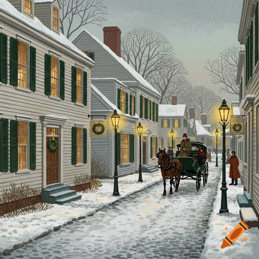 A snowy colonial street scene with buildings, lamp posts, a horse-drawn carriage with people, and pedestrians.