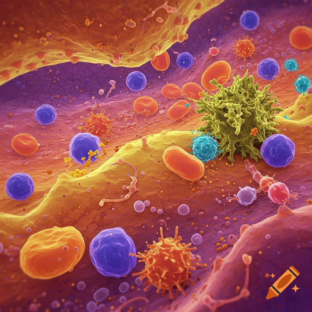 Microscopic view of various immune cells, bacteria, and viruses in vibrant colors