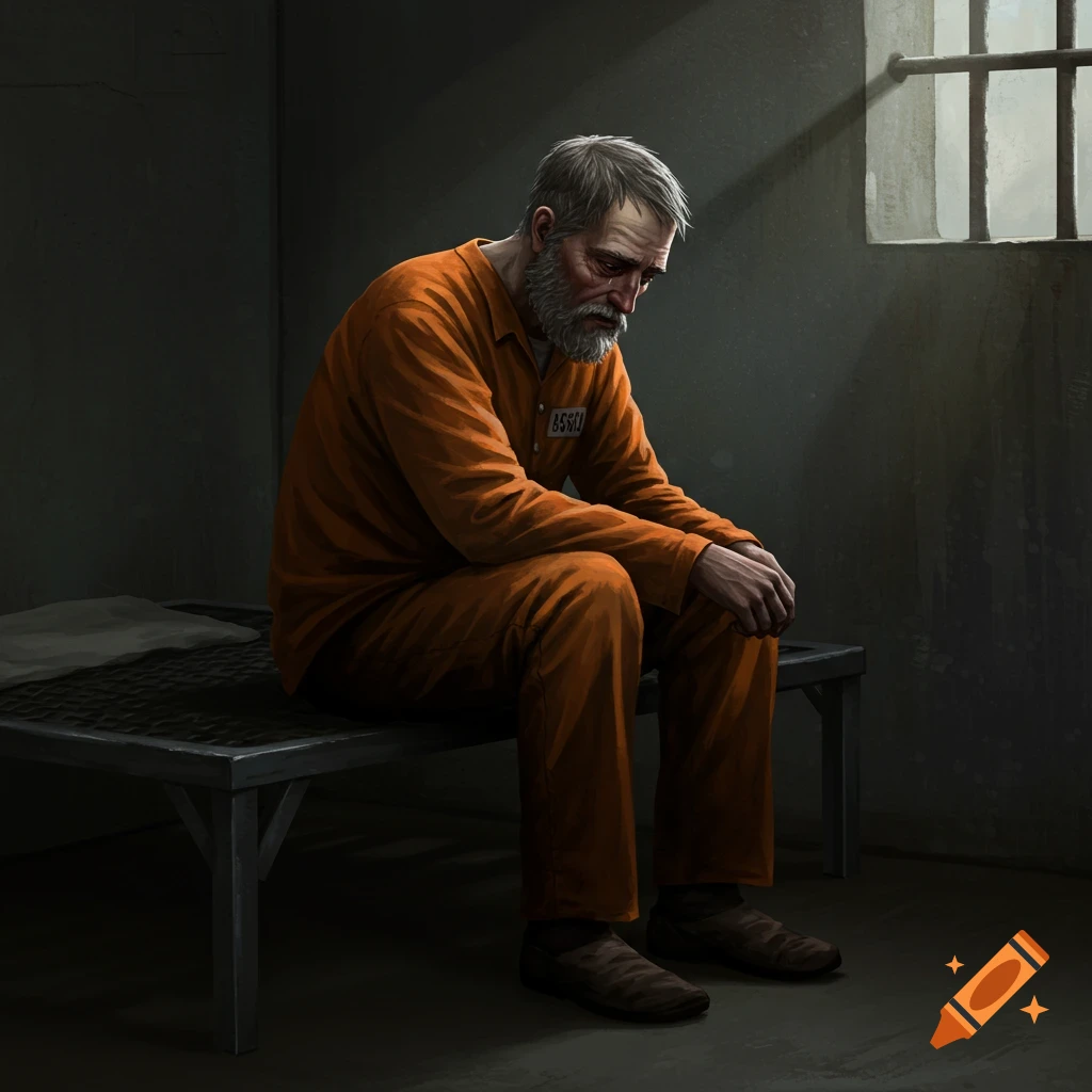A sad man in an orange prison uniform sits on a bunk in a cell, lit by light from a barred window.