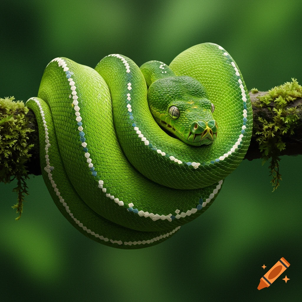 A green tree python coiled on a mossy branch.