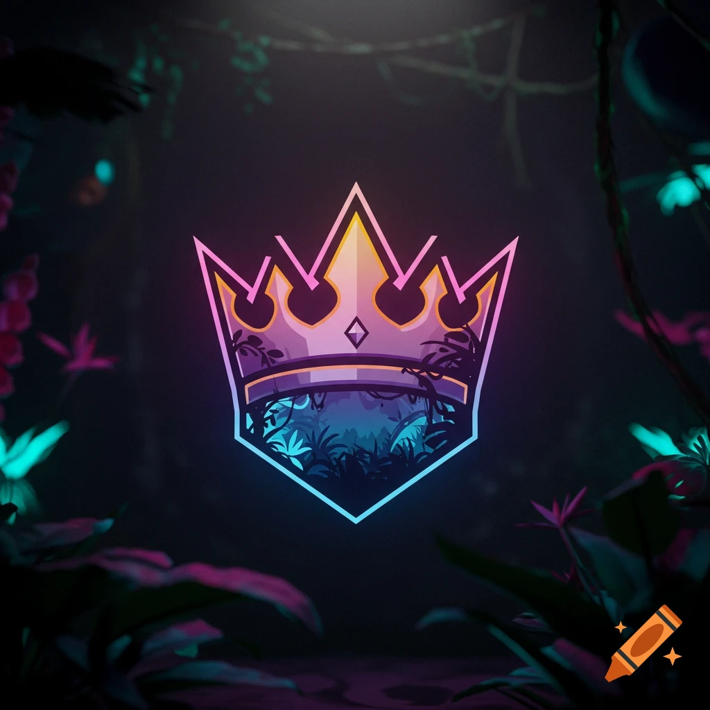Neon crown logo with jungle scene inside, surrounded by glowing foliage.