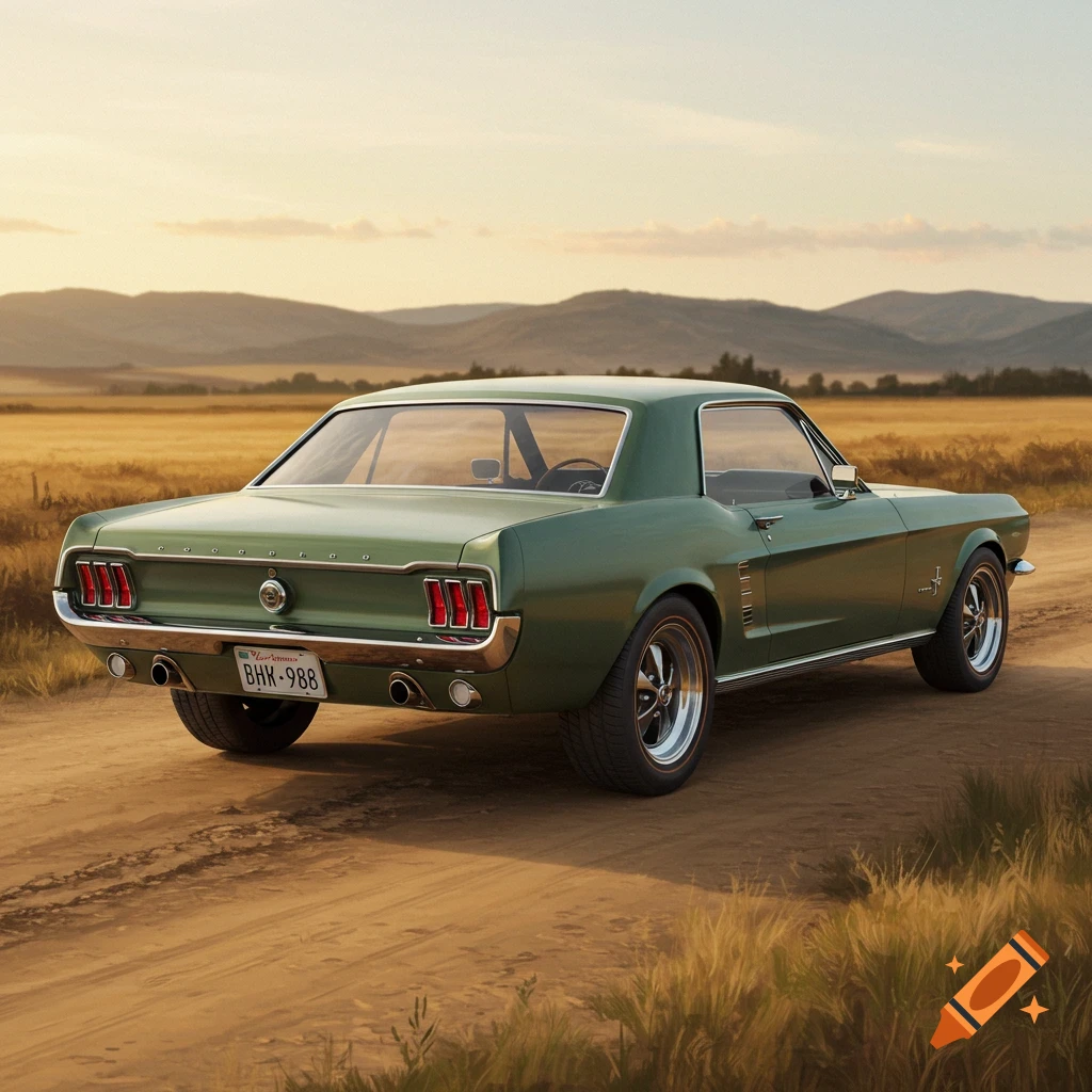 A green classic car on a dirt road at sunset