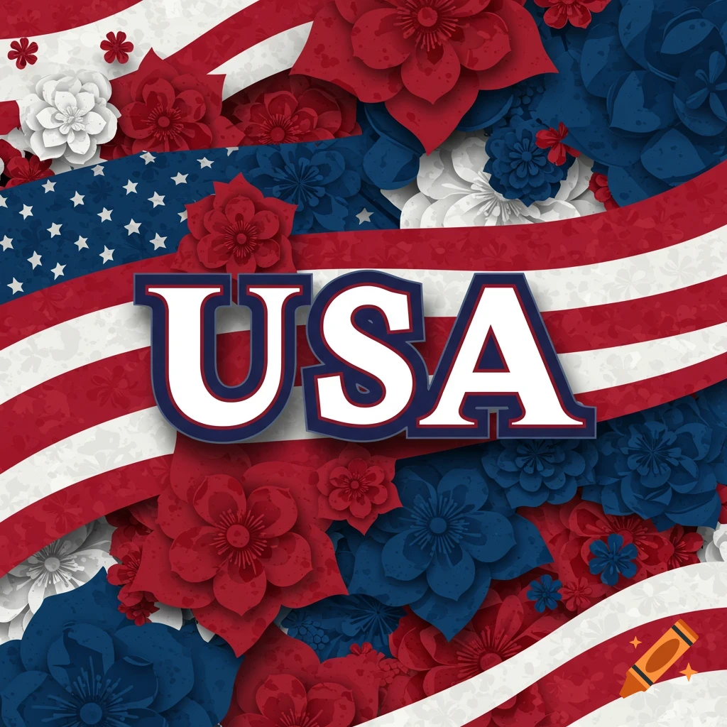 The word USA over an American flag background with red, white, and blue paper flowers.