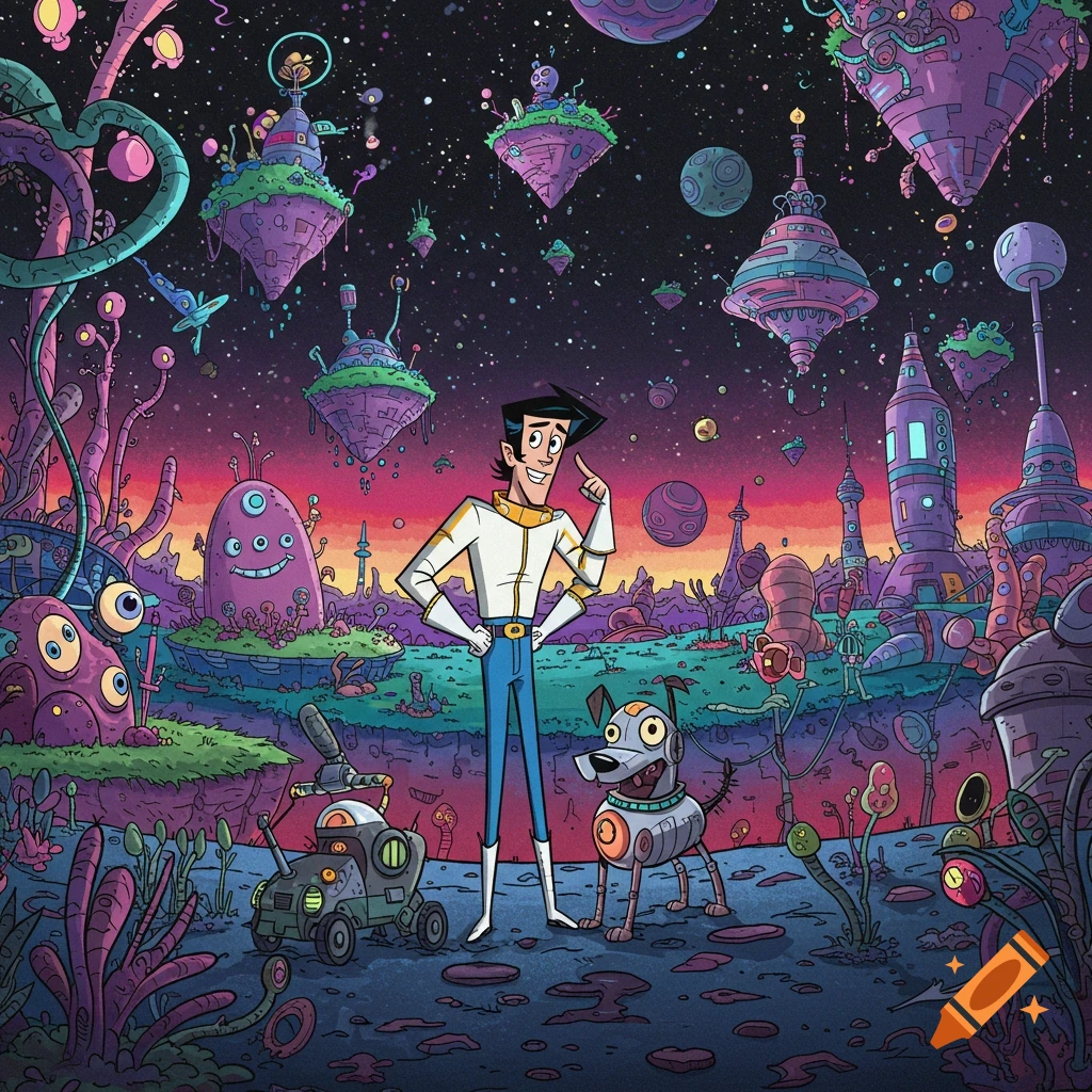 Cartoon man and robot dog in a vibrant, alien sci-fi landscape with floating islands and strange plants.