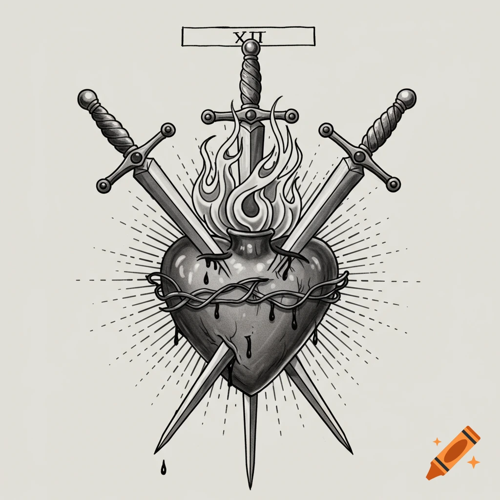 A black and grey illustration combining a heart pierced by three swords, wrapped in thorns, with flames on top, in a tattoo style. Roman numeral XII in a banner above.
