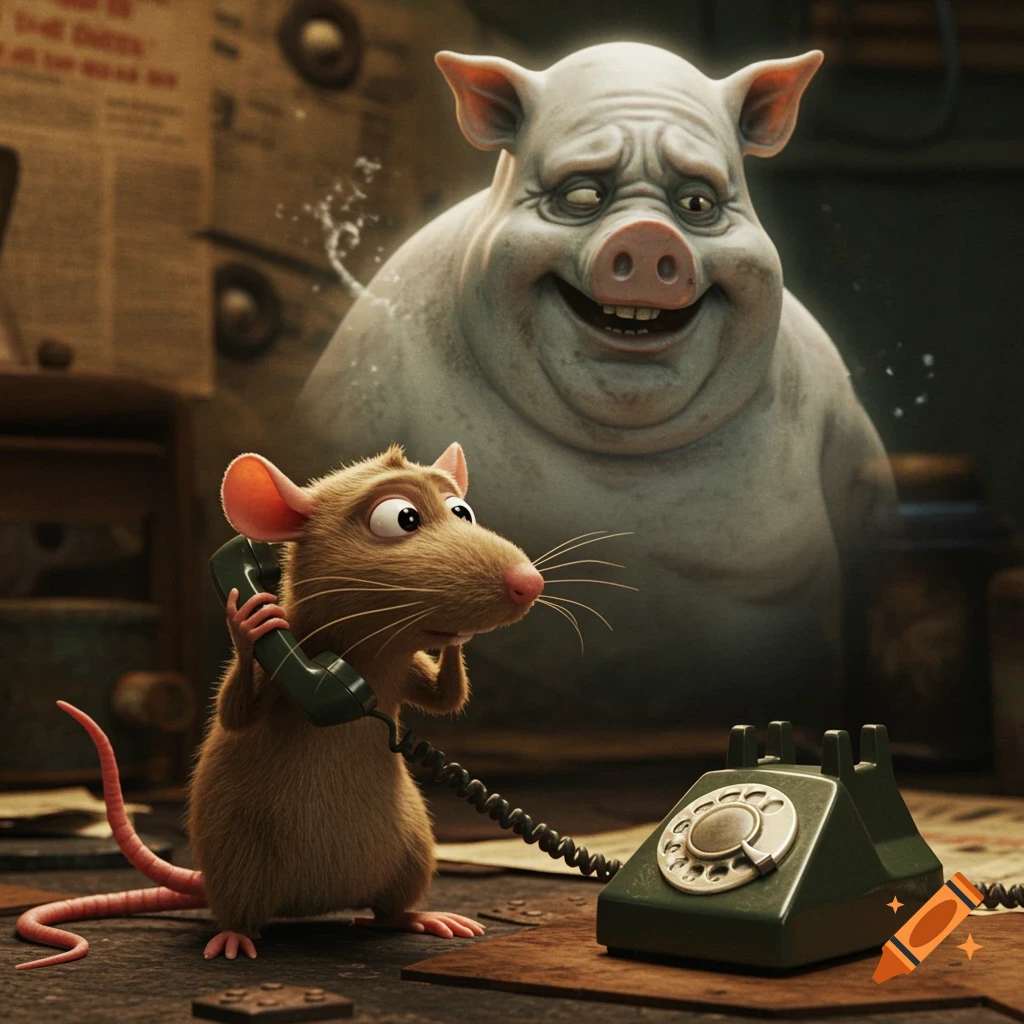 A cartoon rat talks on a vintage rotary phone with a large, ghostly pig figure behind it in a dimly lit room.