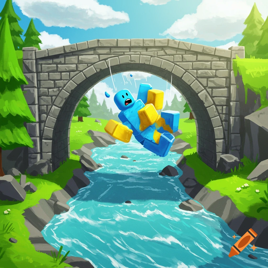 A Roblox noob falling off a stone bridge into a river.