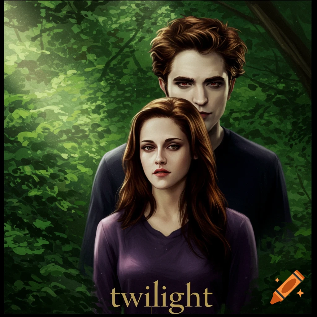 Two characters from Twilight are shown in a forest setting with the title 'twilight'.