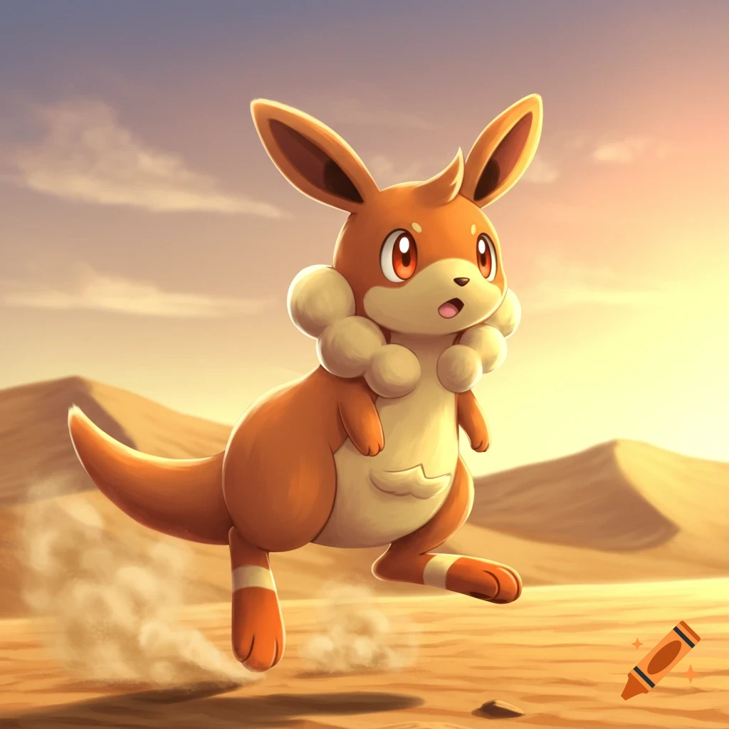 An orange, kangaroo-like Pokemon runs through a desert landscape.
