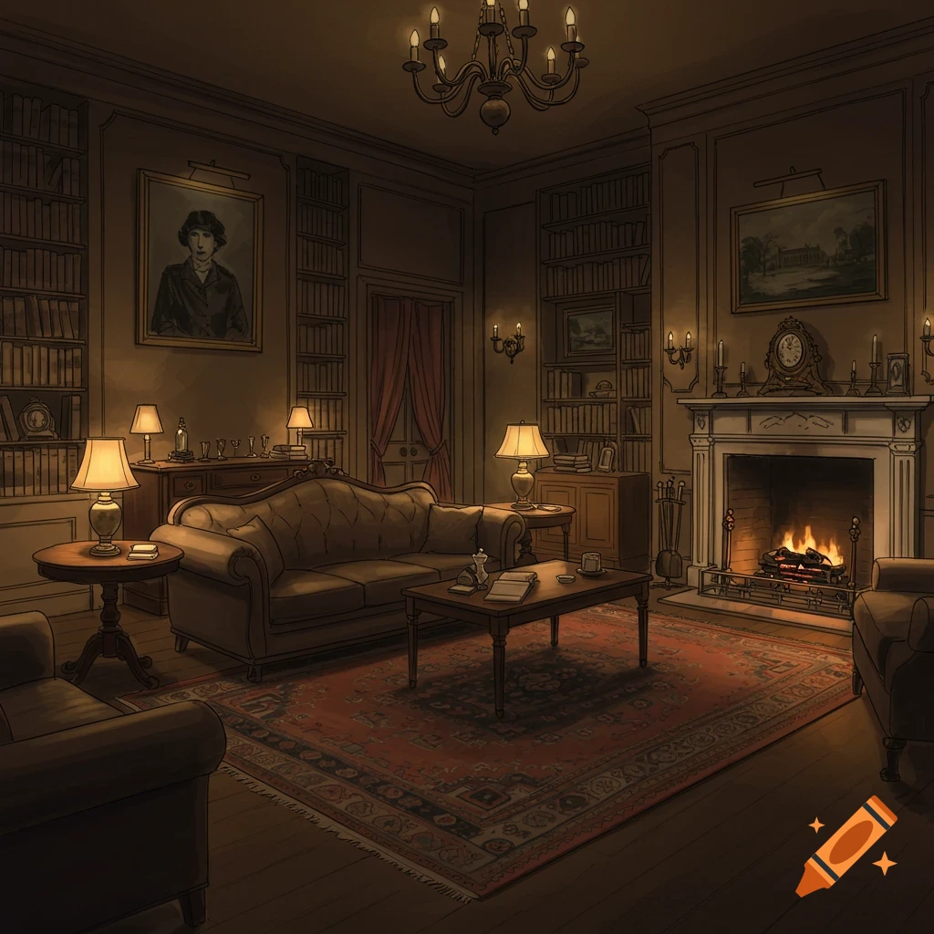 Dimly lit hand-drawn sketch of a cozy parlor room with a fireplace, sofa, and bookshelves.