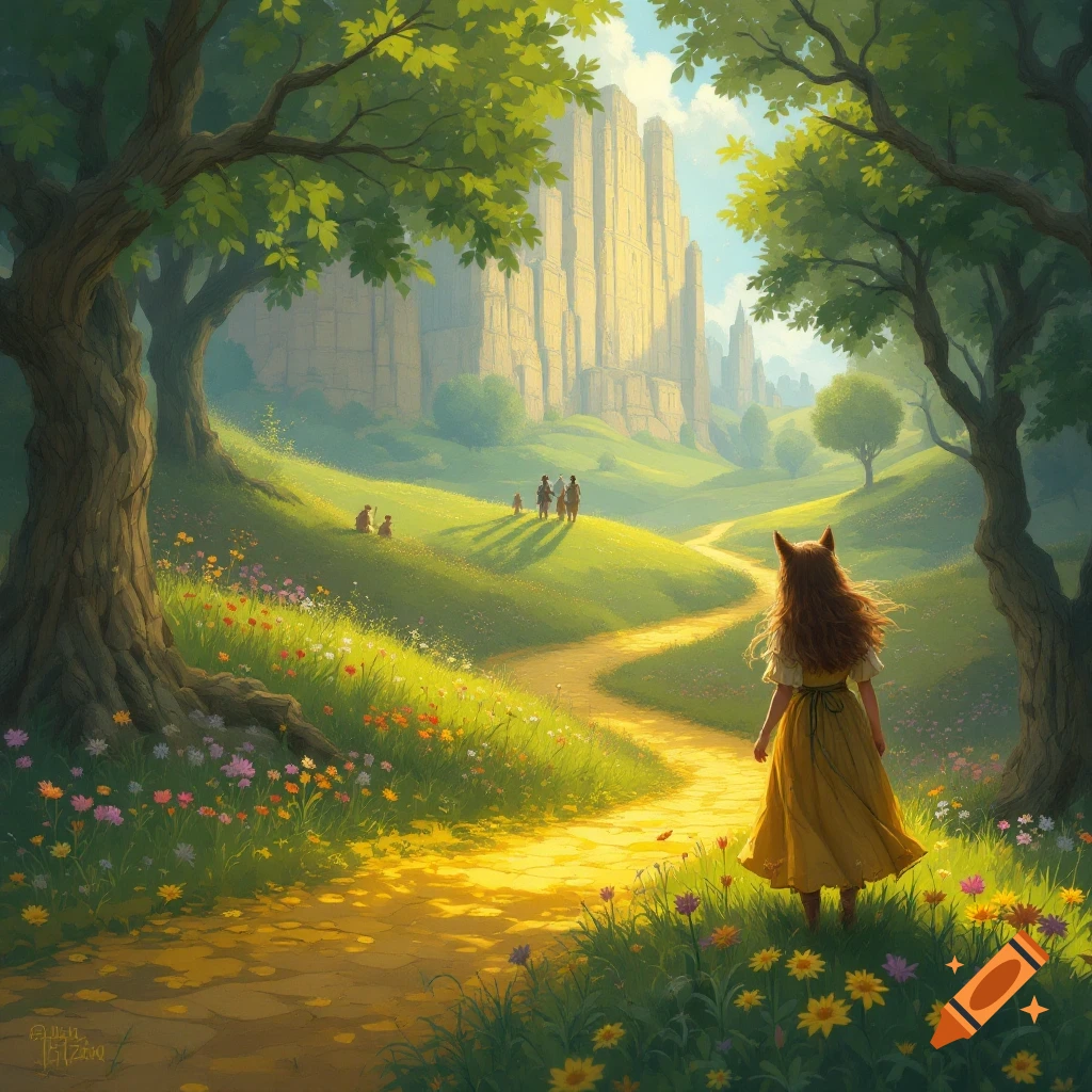 A person with animal ears is walking on a sunlit path through a lush green valley towards distant mountains.