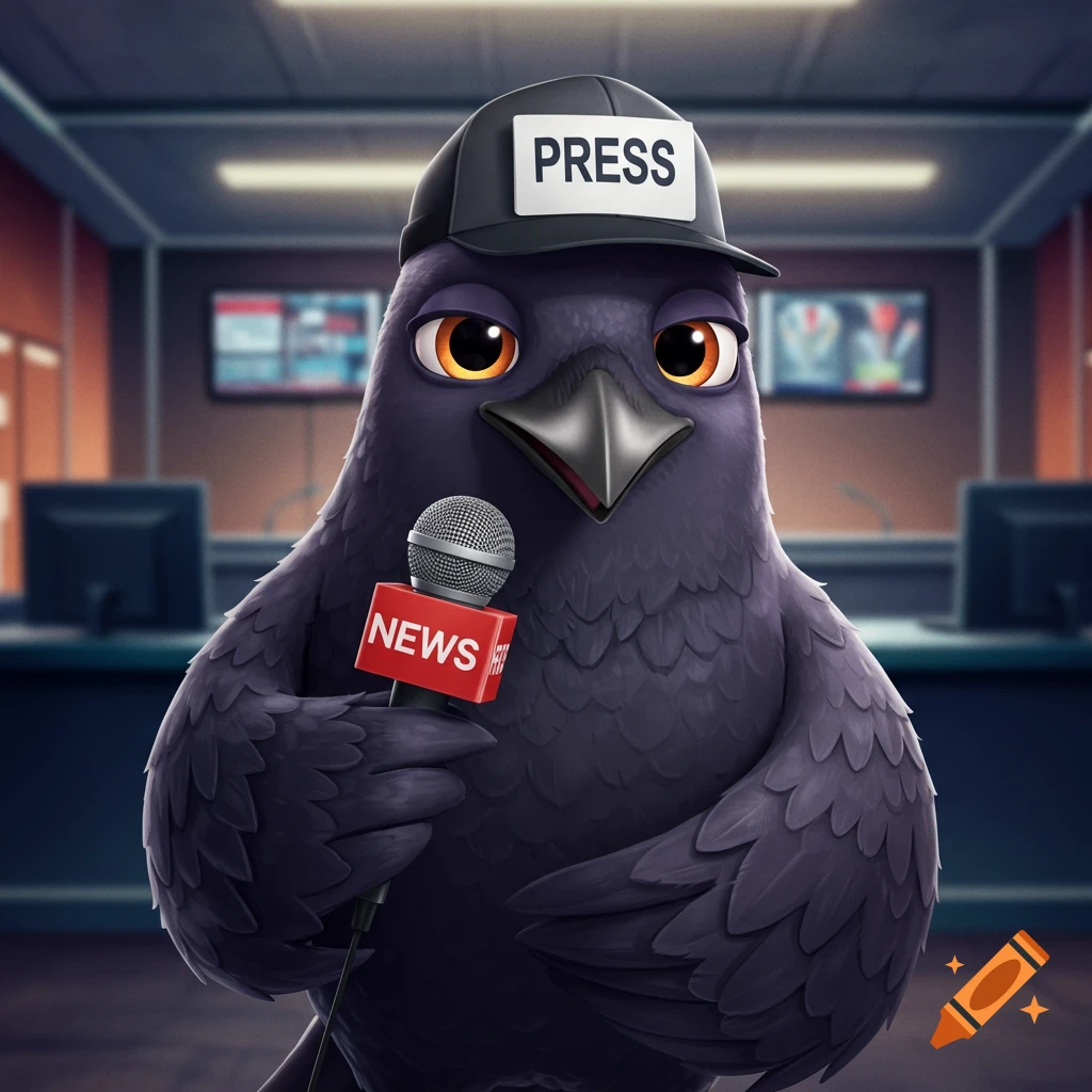 A cartoon pigeon wearing a PRESS hat and holding a NEWS microphone in a newsroom.