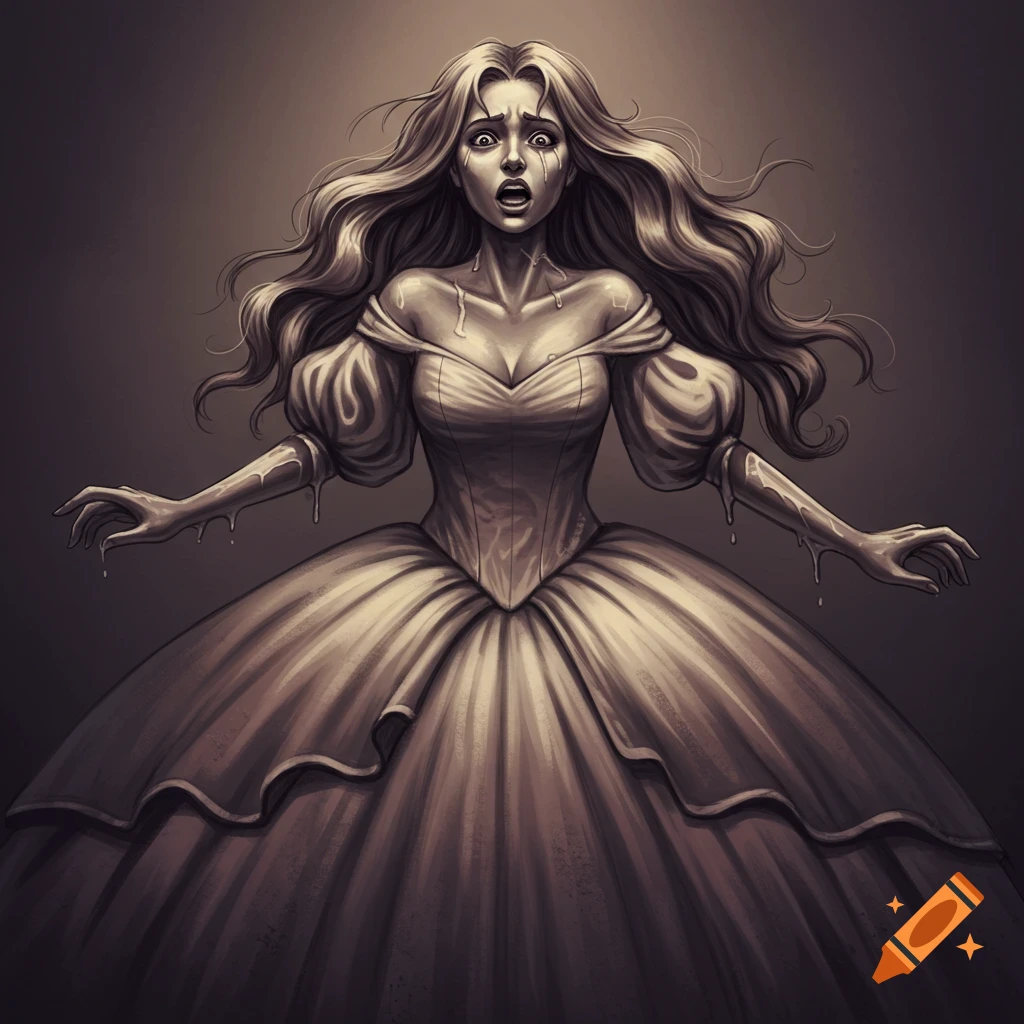 Painting of a distressed woman in a ballgown with outstretched, dripping arms.