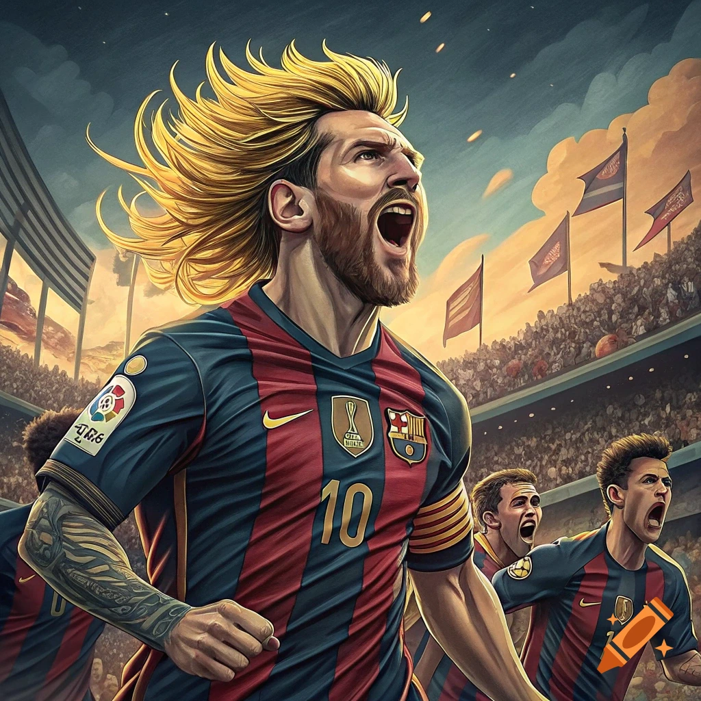 Dynamic illustration of a roaring soccer player with blonde hair in a stadium crowd, wearing a blue and red striped jersey with the number 10.
