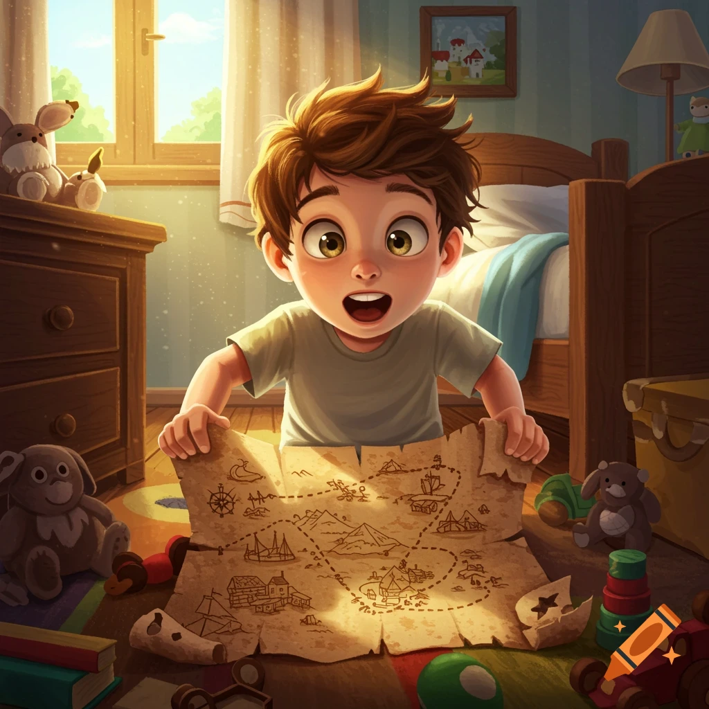 Young boy excitedly looking at a treasure map in his sunlit bedroom filled with toys.