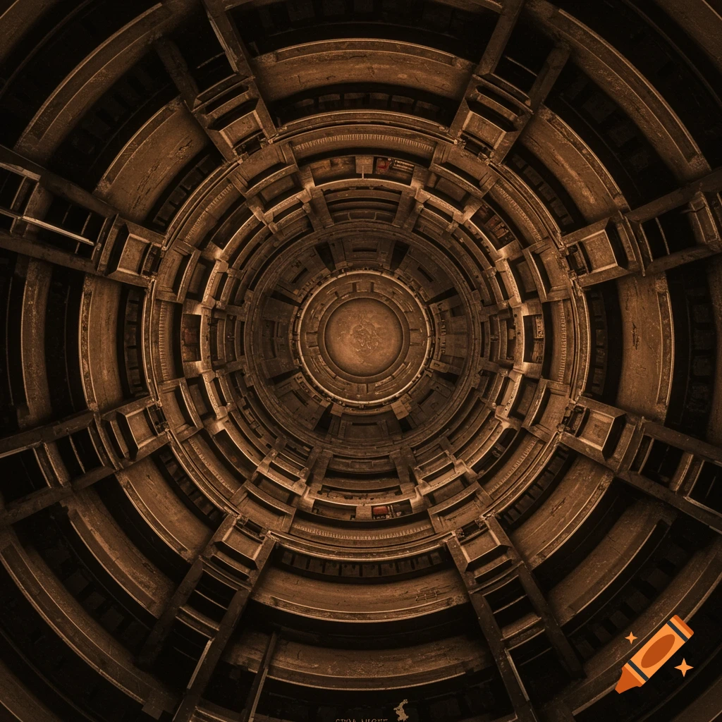 View looking down into a dark, circular sci-fi structure with intricate geometric layers.