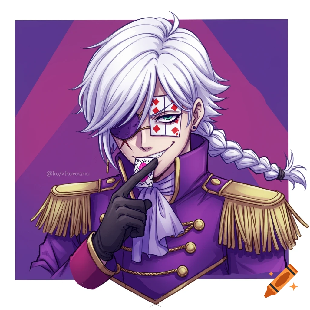 Anime style portrait of a character with white hair, eyepatch, cards on his face, wearing a purple jacket, holding a card to his mouth.