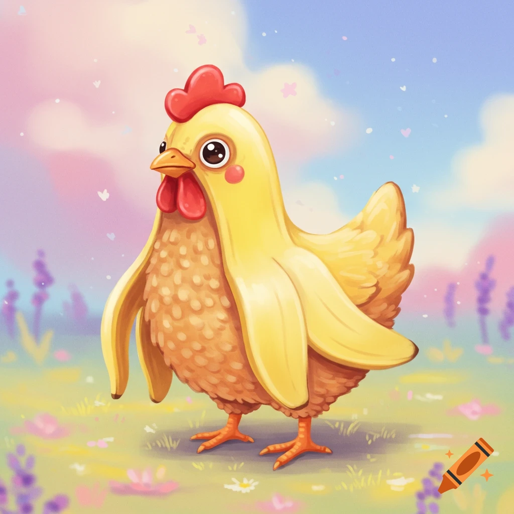 Whimsical creature that is a hybrid of a chicken and a banana, standing in a field.