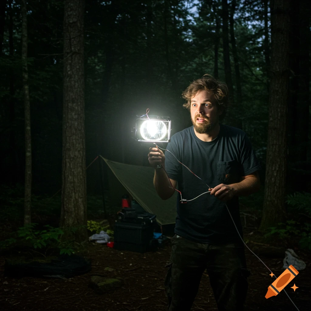A man holds a bright light in a dark forest campsite with a tent in the background.