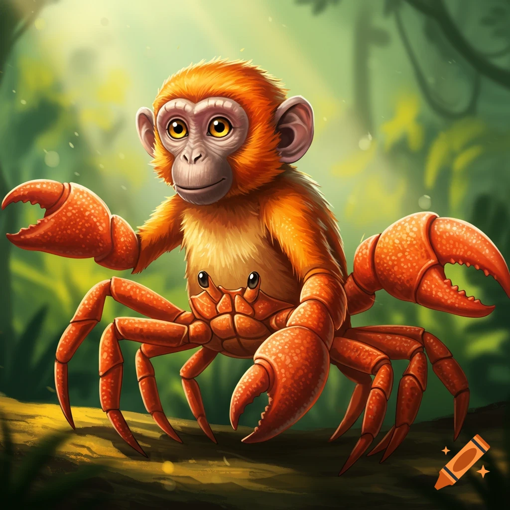 An orange monkey-crab hybrid creature sits on a log in a jungle.