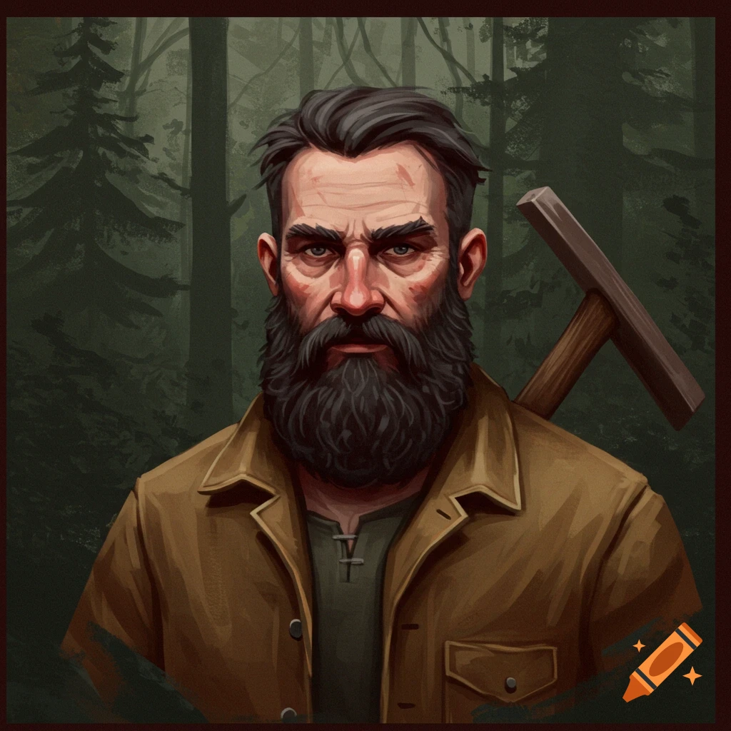 A stern, bearded man with a hammer over his shoulder, standing in a forest.