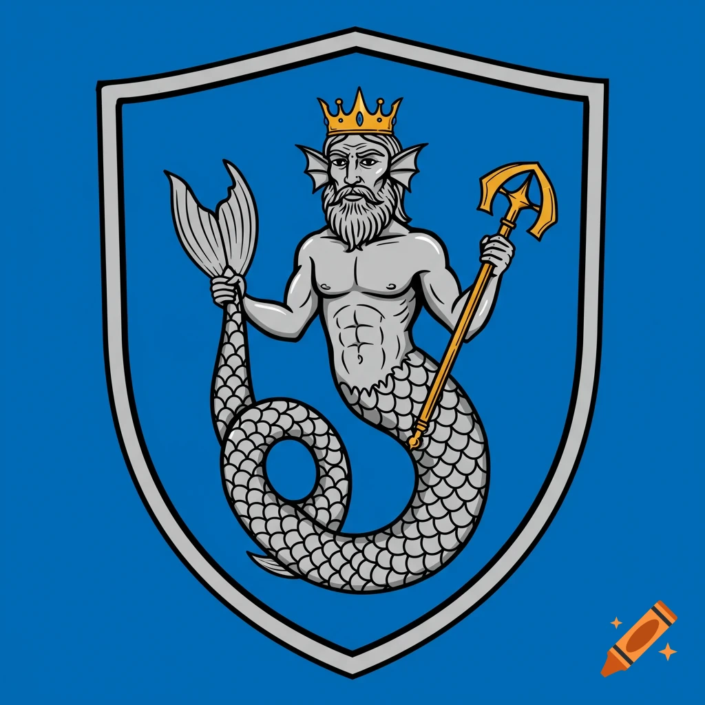 Vector graphic of a silver merman on a blue heraldic shield.
